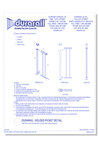 Welded Picket Detail - End Post with Continuous Top Rail and Gate Kit Sleeve