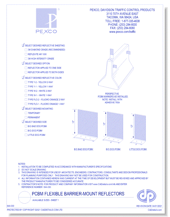 PCBM Flexible Barrier-Mount Reflectors - Available Sizes - Sheet 1