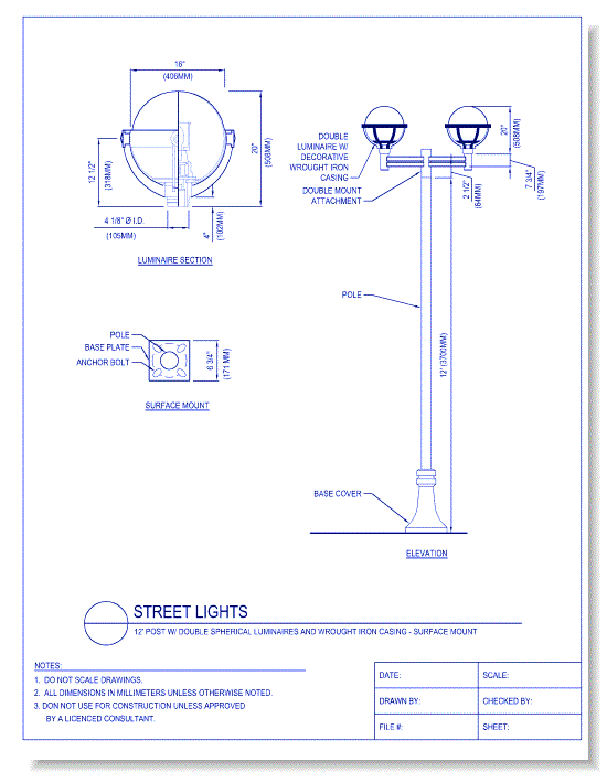 Street Lights - 12 Ft. Post W/ Double Spherical Luminaires and Wrought Iron Casing - Surface Mount