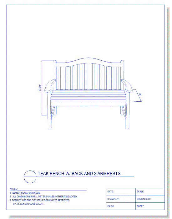 Exterior Seating Bench - Teak, w/ Back and 2 Armrests