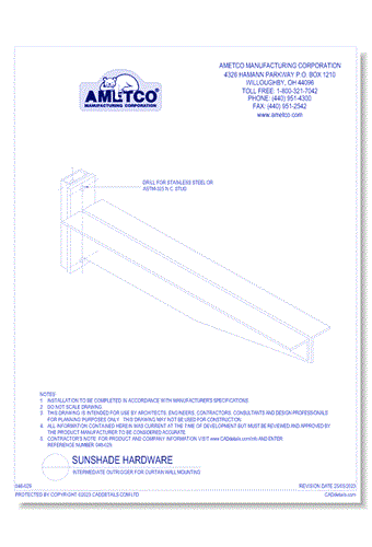 Sunshade Hardware - Intermediate Outrigger for Curtain Wall Mounting