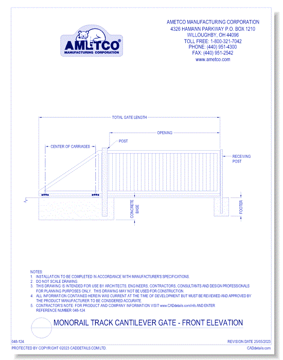Monorail Track Cantilever Gate - Front Elevation