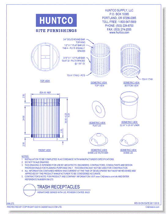 Trash Receptacles: Wenatchee Series with Lid