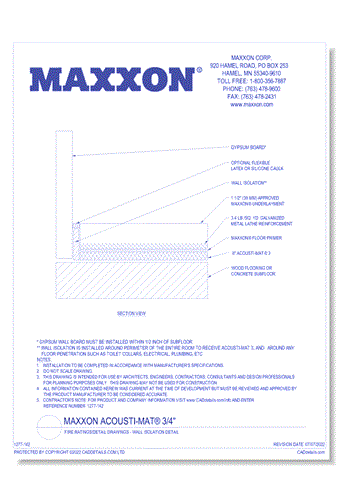 Maxxon Acousti-Mat® 3/4" Fire Ratings/Detail Drawings - Wall Isolation Detail