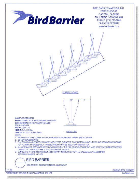 Bird Barrier: Bird-Flite® Spikes - Narrow 2.5"