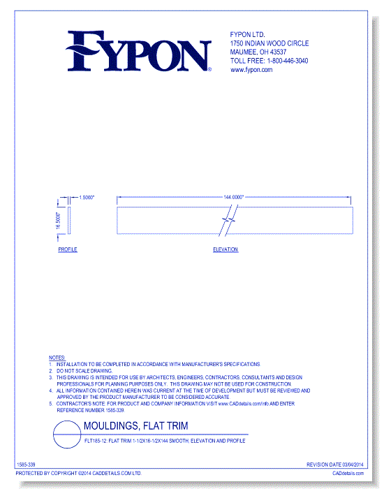 FLT185-12: Flat Trim 1-1/2x16-1/2x144 Smooth, Profile