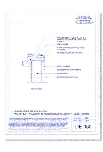 DE-050 - Parapet Cap - Transition to Framing Using DENSDEFY® Liquid Flashing