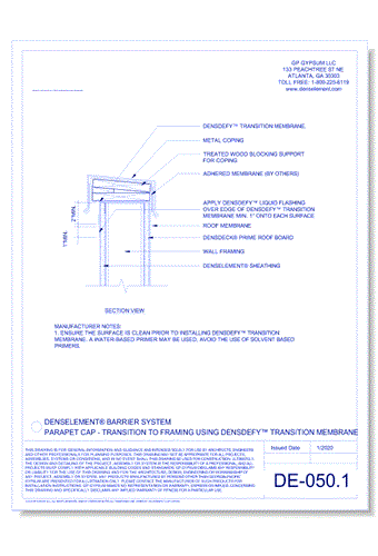DE-050-1 - Parapet Cap - Transition to Framing Using DENSDEFY® Liquid Flashing