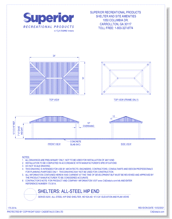 Series 8200, All-Steel Hip End Shelter, HE1624-AS: 16' x 24' : Elevation and Plan Views
