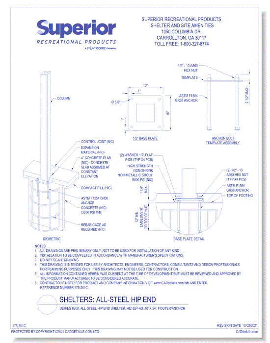 Series 8200, All-Steel Hip End Shelter, HE1624-AS: 16' x 24' : Footer/Anchor
