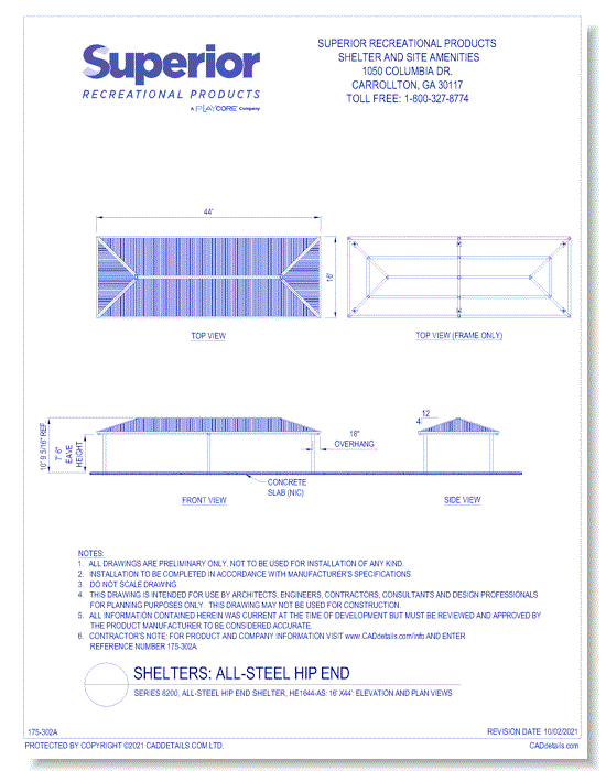 Series 8200, All-Steel Hip End Shelter, HE1644-AS: 16' x 44' : Elevation and Plan Views 