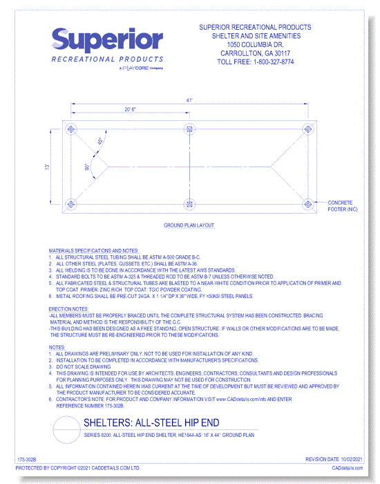 Series 8200, All-Steel Hip End Shelter, HE1644-AS: 16' x 44' : Ground Plan