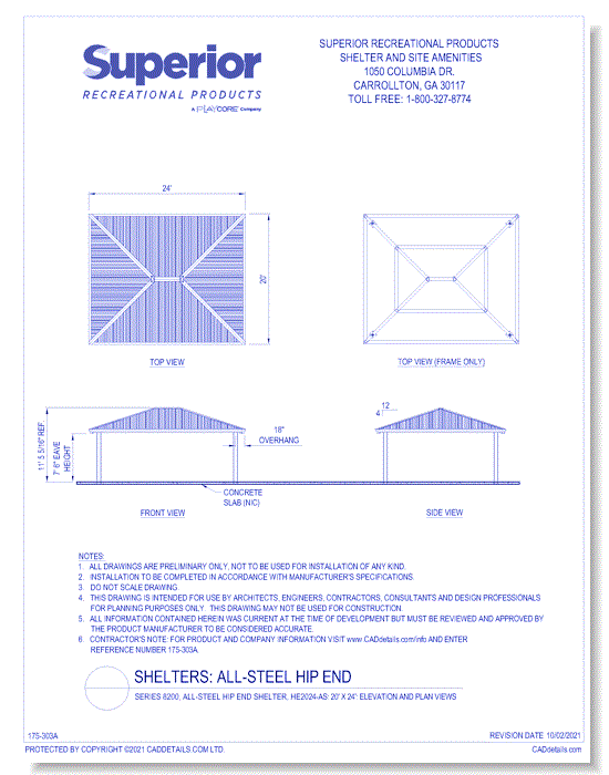 Series 8200, All-Steel Hip End Shelter, HE2024-AS: 20' x 24' : Elevation and Plan Views