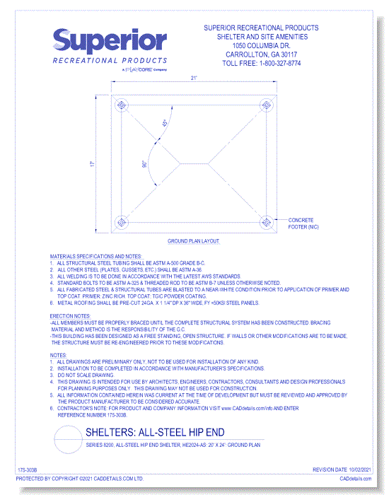 Series 8200, All-Steel Hip End Shelter, HE2024-AS: 20' x 24': Ground Plan