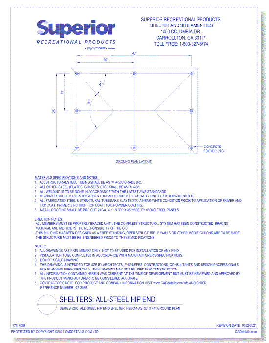 Series 8200, All-Steel Hip End Shelter, HE3044-AS: 30' x 44' : Ground Plan