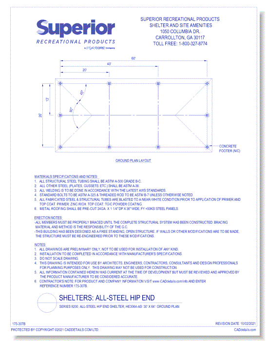 Series 8200, All-Steel Hip End Shelter, HE3064-AS: 30' x 64' : Ground Plan
