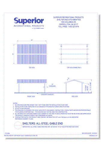 Series 8300, All-Steel Gable End Shelter, GE1624-AS: 16' x 24' : Elevation and Plan Views