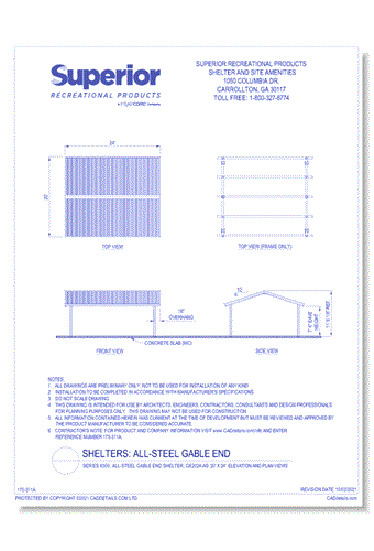 Series 8300, All-Steel Gable End Shelter, GE2024-AS: 20' x 24' : Elevation and Plan Views