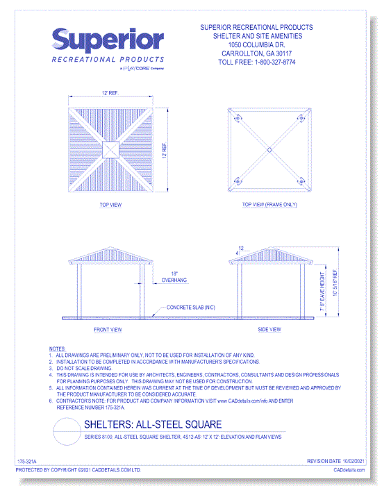 Series 8100, All-Steel Square Shelter, 4S12-AS: 12' x 12' : Elevation and Plan Views
