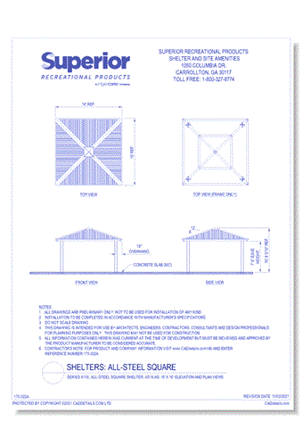 Series 8100, All-Steel Square Shelter, 4S16-AS: 16' x 16' : Elevation and Plan Views