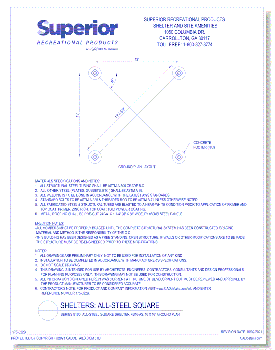 Series 8100, All-Steel Square Shelter, 4S16-AS: 16' x 16' : Ground Plan