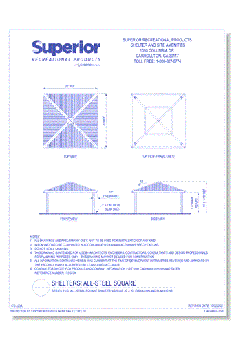 Series 8100, All-Steel Square Shelter, 4S20-AS: 20' x 20' : Elevation and Plan Views