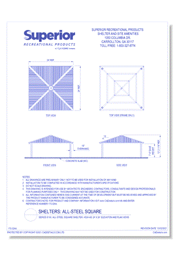 Series 8100, All-Steel Square Shelter, 4S24-AS: 24' x 24' : Elevation and Plan Views