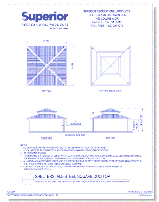 24' x 24' Duo-Top Square Shelter: Elevation and Plan Views