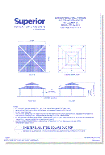 Series 8100, All-Steel Duo-Top Square Shelter, 4S30-AS-2T: 30' x 30' : Elevation and Plan Views