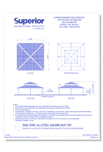 Series 8100, All-Steel Duo-Top Square Shelter, 4S32-AS-2T: 32' x 32' : Elevation and Plan Views