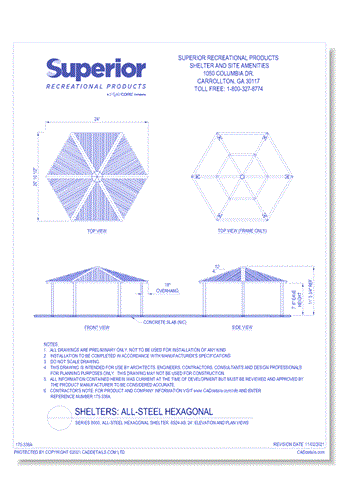 Series 8000, All-Steel Hexagonal Shelter, 6S24-AS: 24' : Elevation and Plan Views