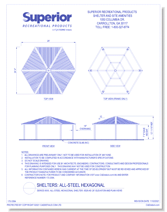 Series 8000, All-Steel Hexagonal Shelter, 6S28-AS: 28' : Elevation and Plan Views