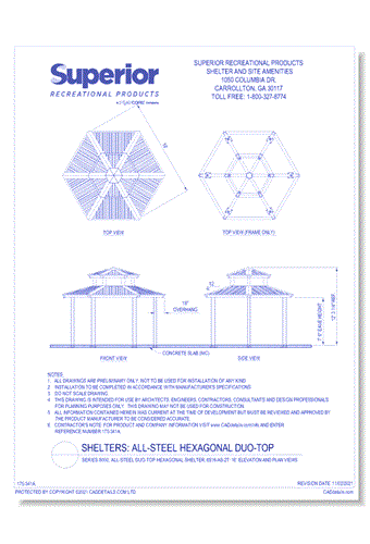 Series 8000, All-Steel Duo-Top Hexagonal Shelter, 6S16-AS-2T: 16' : Elevation and Plan Views