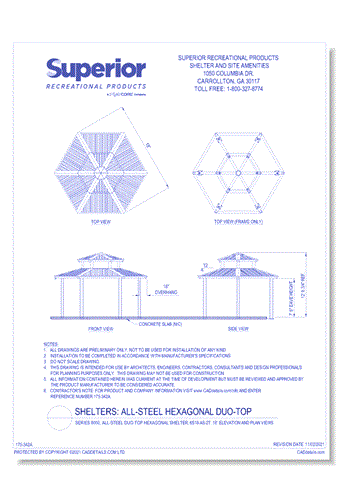 Series 8000, All-Steel Duo-Top Hexagonal Shelter, 6S18-AS-2T: 18' : Elevation and Plan Views