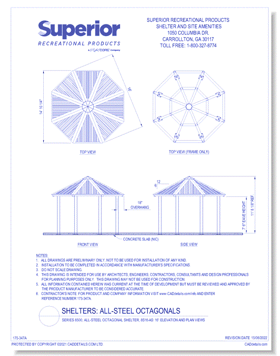 Series 8500, All-Steel Octagonal Shelter, 8S16-AS: 16' : Elevation and Plan Views
