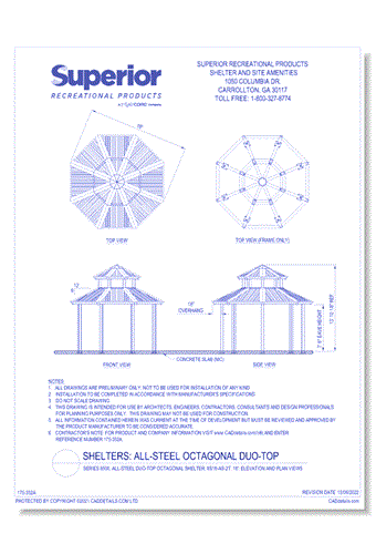 Series 8500, All-Steel Duo-Top Octagonal Shelter, 8S16-AS-2T: 16' : Elevation and Plan Views