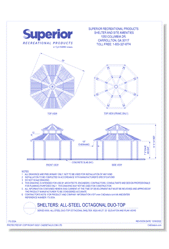 Series 8500, All-Steel Duo-Top Octagonal Shelter, 8S20-AS-2T: 20' : Elevation and Plan Views