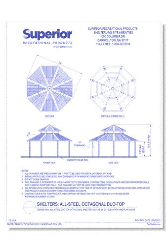 Series 8500, All-Steel Duo-Top Octagonal Shelter, 8S24-AS-2T: 24' : Elevation and Plan Views