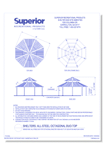 Series 8500, All-Steel Duo-Top Octagonal Shelter, 8S28-AS-2T: 28' : Elevation and Plan Views