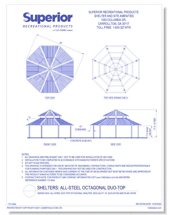 Series 8500, All-Steel Duo-Top Octagonal Shelter, 8S32-AS-2T: 32' : Elevation and Plan Views