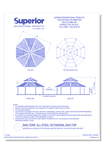 Series 8500, All-Steel Duo-Top Octagonal Shelter, 8S32-AS-2T: 32' : Elevation and Plan Views