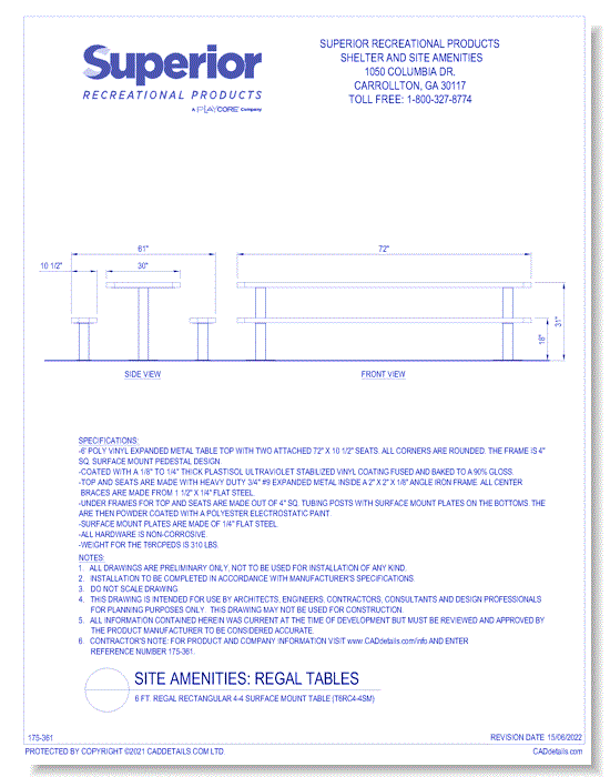 6 ft. Regal Rectangular 4-4 Surface Mount Table (T6RC4-4SM)