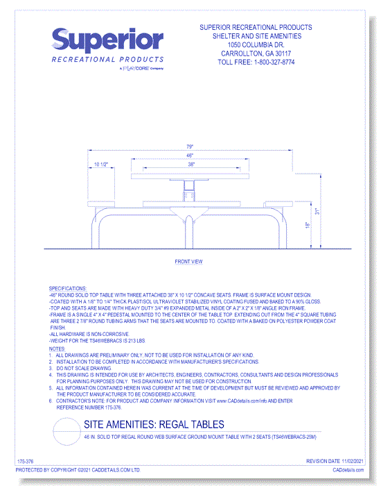 46 in. Solid Top Regal Round WEB Surface Ground Mount Table with 2 Seats (TS46WEBRACS-2SM)