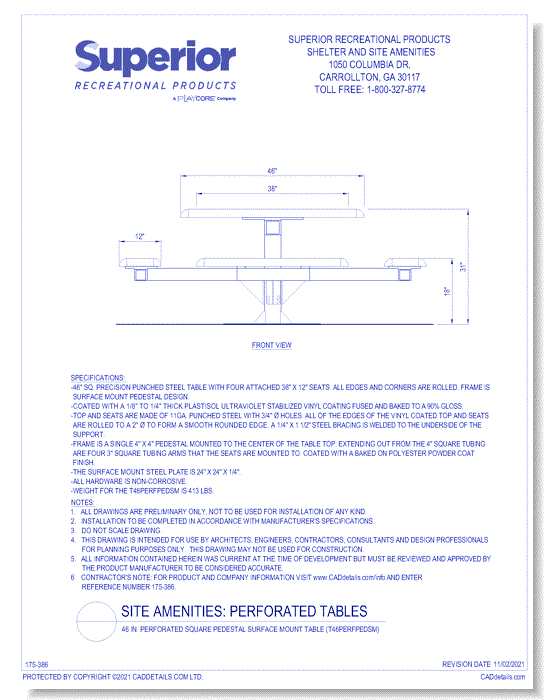 46 in. Perforated Square Pedestal Surface Mount Table (T46PERFPEDSM)