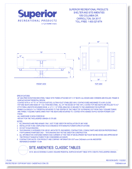 46 in. ADA Accessible Classic Square Pedestal Surface Mount Table with 3 Seats (T46CLASSPED-3SMADA)