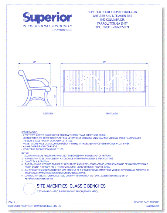 6' Standard Classic Surface Mount Bench (B6WBCLASSIC)