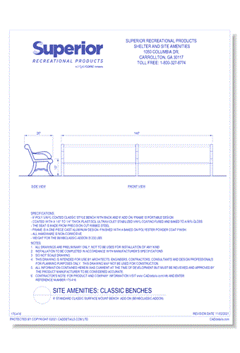 6' Standard Classic Surface Mount Bench Add-On (B6WBCLASSIC-ADDON)