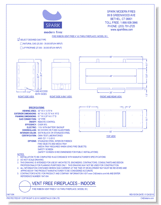 Fire Ribbon Vent Free 4' Vu Thru Fireplace ( Model 59 )