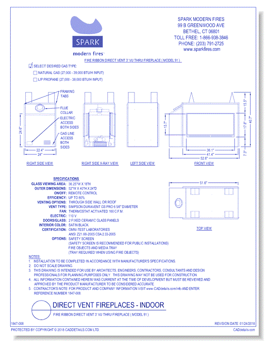 Fire Ribbon Direct Vent 3' Vu Thru Fireplace ( Model 91 )