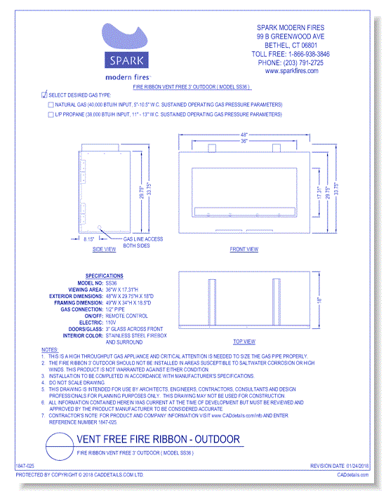 Fire Ribbon Vent Free 3' Outdoor ( Model SS36 )
